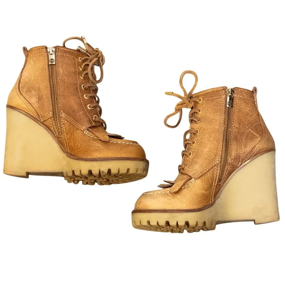Tory Burch Howard Tan Leather Fringe Lug Wedge Boots Women’s 6